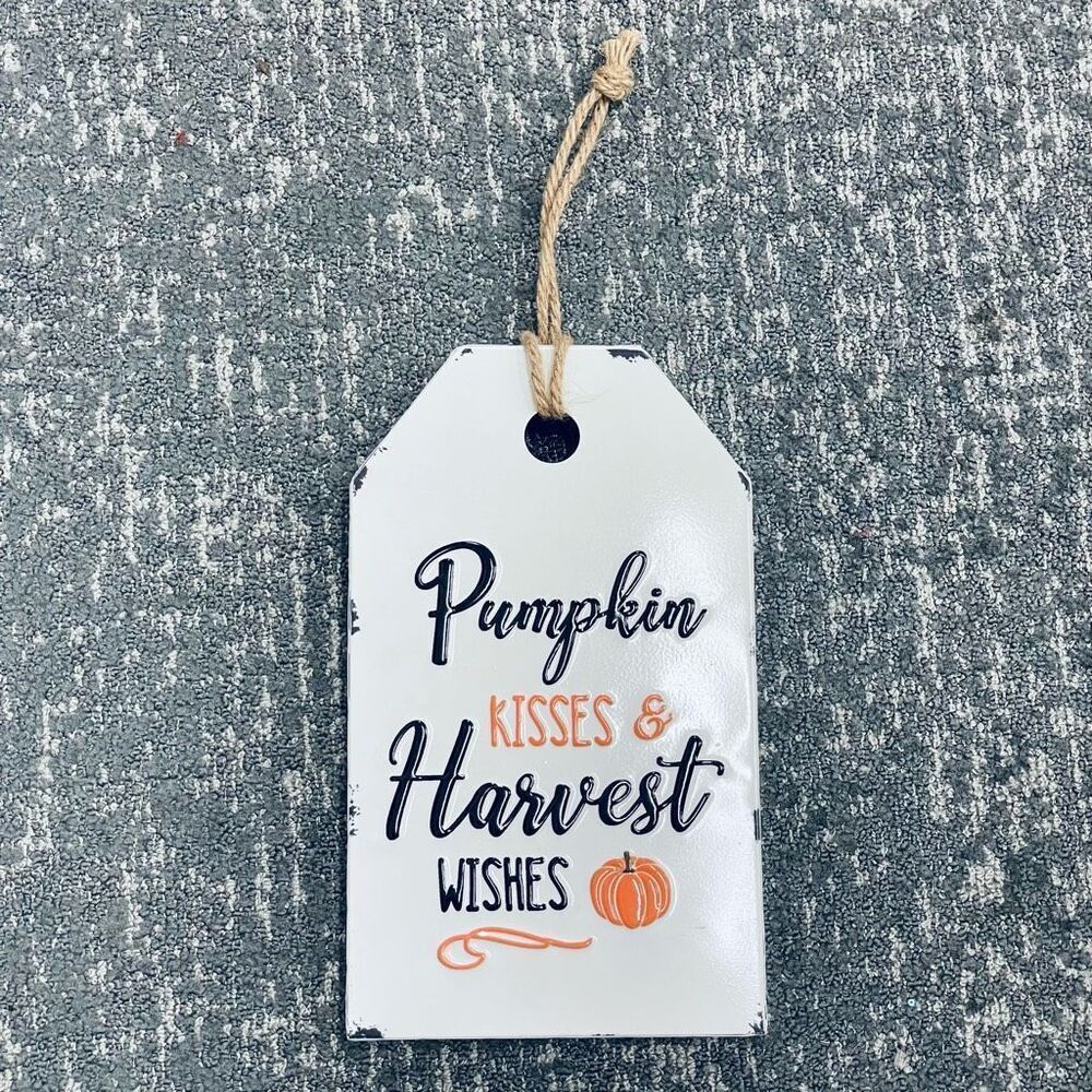 NWT 12” METAL ENAMEL Pumpkin KISSES & Harvest WISHES Autumn SIGN - Picture 2 of 7